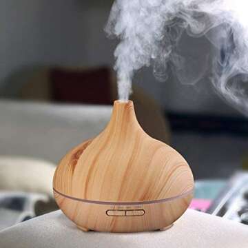 Aroma Essential Oil Diffuser, JoySusie 500ml Wood Grain Ultrasonic Cool Mist Whisper-Quiet Humidifier with Color LED Lights Changing & 4 Timer Settings, with Remote Control (Brown)