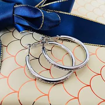 Silver Hoop Earrings, Rhinestone Cubic Zirconia Hoops Fashion Jewelry White Gold Plated Big Hoop Earring for Women