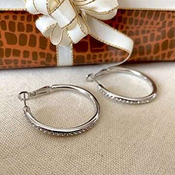 Silver Hoop Earrings, Rhinestone Cubic Zirconia Hoops Fashion Jewelry White Gold Plated Big Hoop Earring for Women