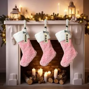 AISENO 3Pack 19 Inch Sequin Faux Fur Christmas Stockings Sequin Snowflake Hanging Ornaments Candy Gift Bags for Christmas Decorations Pink