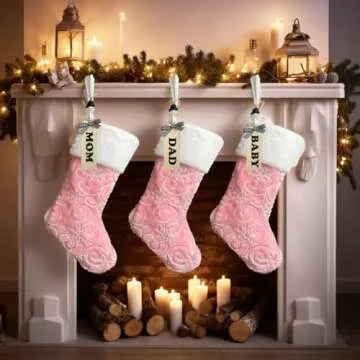 AISENO 3Pack 19 Inch Sequin Faux Fur Christmas Stockings Sequin Snowflake Hanging Ornaments Candy Gift Bags for Christmas Decorations Pink