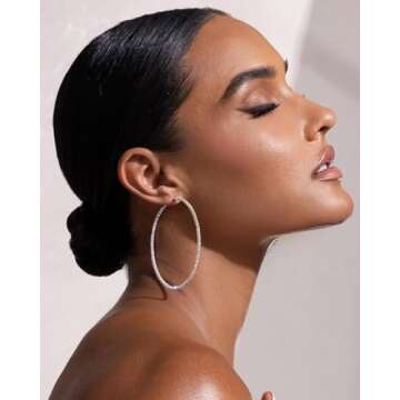 PABBEU 2mm 925 Sterling Silver Earrings Big Sterling Silver Hoop Earrings for Women Large Rhinestone...