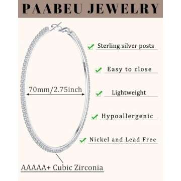 PABBEU 2mm 925 Sterling Silver Earrings Big Sterling Silver Hoop Earrings for Women Large Rhinestone Hoop Earrings Thin Hypoallergenic Cubic Zirconia Earrings for Women 30/40/50/60/70mm