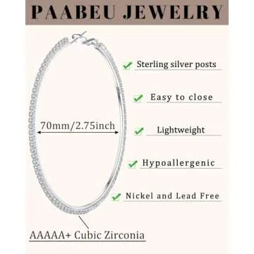 PABBEU 2mm 925 Sterling Silver Earrings Big Sterling Silver Hoop Earrings for Women Large Rhinestone Hoop Earrings Thin Hypoallergenic Cubic Zirconia Earrings for Women 30/40/50/60/70mm