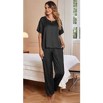 Ekouaer Womens Silk Satin Pajamas Set Two Piece Pj Sets Sleepwear Loungewear Short Sleeve Pj Sets Bl...