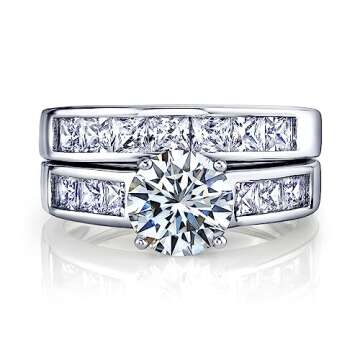 2 Carats Sterling Silver Bridal Set Cubic Zirconia Engagement Wedding Ring Bands with Round and Prin...