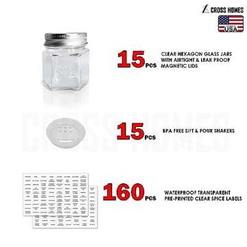 15 Set Magnetic Spice Jars for Refrigerator Hexagon Glass Spice Jars with Magnetic Lids, Shaker, Spi...