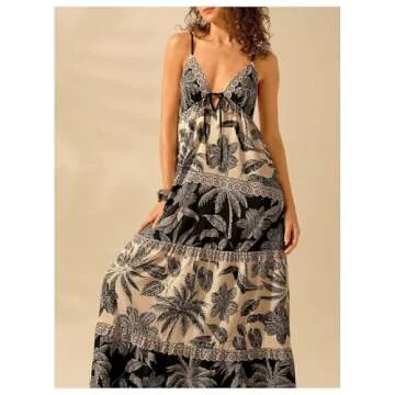 SHENHE Women's Summer Tropical Maxi Sundress Tiered Ruffle Hem Spaghetti Strap Boho Dresses Black and White Small