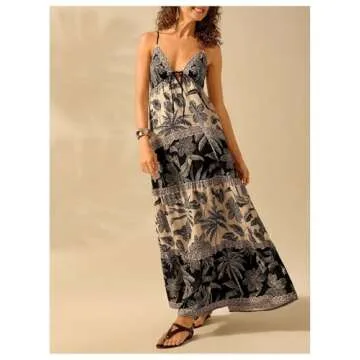 SHENHE Women's Summer Tropical Maxi Sundress Tiered Ruffle Hem Spaghetti Strap Boho Dresses Black and White Small