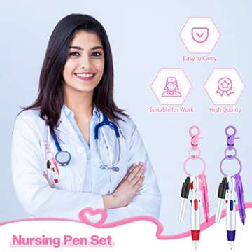 Sabary Mini Highlighter Nurse Pen Pack Set Nurse Pens for Badge Include Pink and Purple Tip Highlighter 2 Permanent Marker and 2 Retractable Ball with 2 Keychain Clip(Pink, Purple)