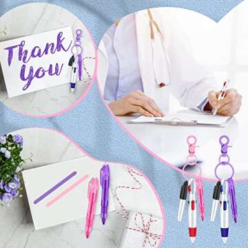Sabary Mini Highlighter Nurse Pen Pack Set Nurse Pens for Badge Include Pink and Purple Tip Highlighter 2 Permanent Marker and 2 Retractable Ball with 2 Keychain Clip(Pink, Purple)