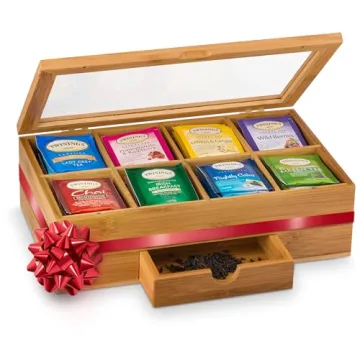Tea Bag Organizer - Bamboo Tea Box Organizer Storage Box, Tea Bag Holder with Drawer & Acrylic Windo...