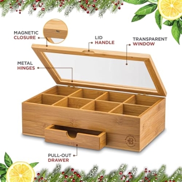 Elegant Bamboo Tea Organizer with Drawer & Acrylic Window