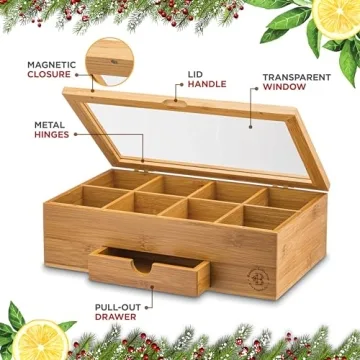 Elegant Bamboo Tea Organizer with Drawer & Acrylic Window