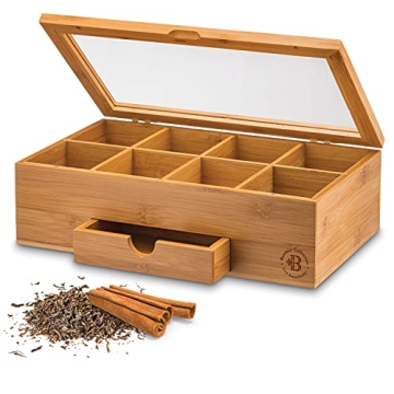 Elegant Bamboo Tea Organizer with Drawer & Acrylic Window