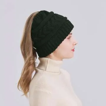 PFFY Ponytail Beanie Hat for Women Winter Warm Knit Beanies High Bun Hats Skull Cap Green (Ponytail)