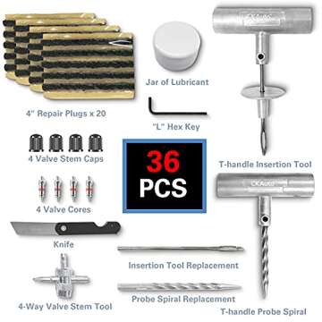 CKAuto Universal Tire Repair Kit - 36 Pcs Heavy Duty Emergency Tool Kit for All Vehicles