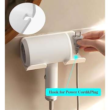 SUPTEC Universal Hair Dryer Holder, Blow Dryer Hanger Wall Mount for Hair Dryer Hook with Plug&Cord Organizer Self Adhesive for Cabinet Bathroom(1 Pack White)
