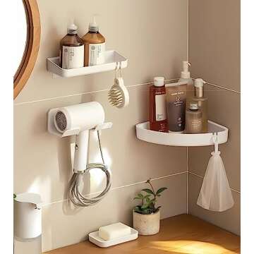 SUPTEC Universal Hair Dryer Holder, Blow Dryer Hanger Wall Mount for Hair Dryer Hook with Plug&Cord Organizer Self Adhesive for Cabinet Bathroom(1 Pack White)