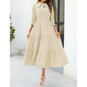 ZESICA Women's Casual Half Sleeve Tie V Neck Elastic High Waist Solid Color Flowy Tiered A Line Beach Party Maxi Dress,Apricot,Small