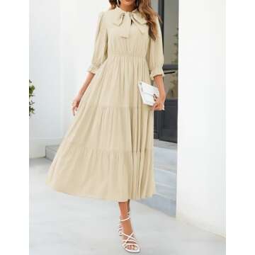 ZESICA Women's Casual Half Sleeve Tie V Neck Elastic High Waist Solid Color Flowy Tiered A Line Beach Party Maxi Dress,Apricot,Small