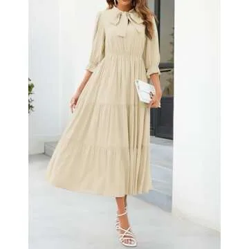 ZESICA Women's Casual Half Sleeve Tie V Neck Elastic High Waist Solid Color Flowy Tiered A Line Beach Party Maxi Dress,Apricot,Small