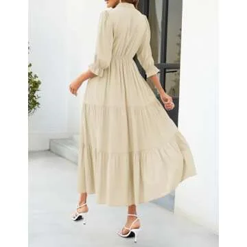 ZESICA Women's Casual Half Sleeve Tie V Neck Elastic High Waist Solid Color Flowy Tiered A Line Beach Party Maxi Dress,Apricot,Small