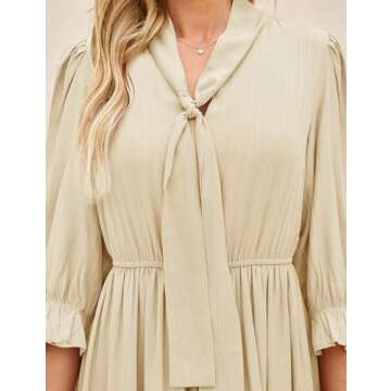 ZESICA Women's Casual Half Sleeve Tie V Neck Elastic High Waist Solid Color Flowy Tiered A Line Beach Party Maxi Dress,Apricot,Small