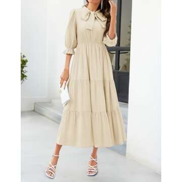 ZESICA Women's Casual Half Sleeve Tie V Neck Elastic High Waist Solid Color Flowy Tiered A Line Beach Party Maxi Dress,Apricot,Small