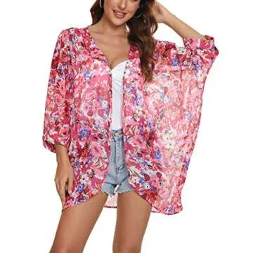 Stylish Floral Print Sheer Chiffon Kimono for Summer