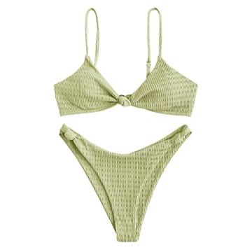 ZAFUL Women's Solid High Cut Cheeky Textured Twisted Knot Bikini Set Two Piece Swimsuit (3-Green, S)