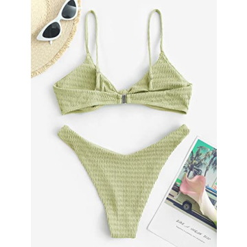 ZAFUL Women's Solid High Cut Cheeky Textured Twisted Knot Bikini Set Two Piece Swimsuit (3-Green, S)