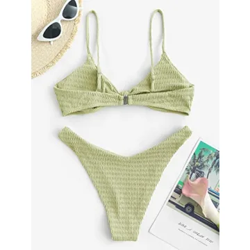 ZAFUL Women's Solid High Cut Cheeky Textured Twisted Knot Bikini Set Two Piece Swimsuit (3-Green, S)