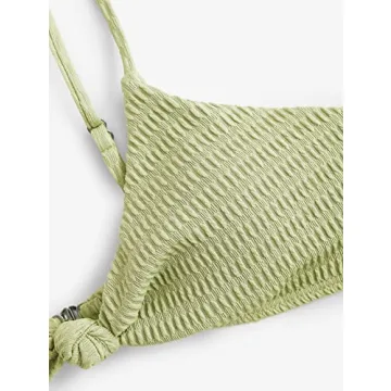 ZAFUL Women's Solid High Cut Cheeky Textured Twisted Knot Bikini Set Two Piece Swimsuit (3-Green, S)
