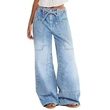 Flamingals Wide Leg Jeans for Women - Drawstring Mid Waist Baggy Fit