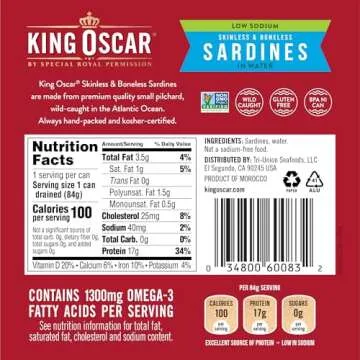 King Oscar Sardines in Water, 4.23 Ounce Cans (Pack of 12), Skinless & Boneless, Wild Caught Canned Sardines, Low Sodium
