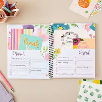 Floral Month by Month Greeting Card Organiser Book with 24 Pockets, Card and File Keeper Dividers for Birthdays, Weddings, Milestones, Graduation Parties, Holiday Reminders (21 x 25 cm)