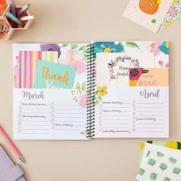 Floral Month by Month Greeting Card Organiser Book with 24 Pockets, Card and File Keeper Dividers for Birthdays, Weddings, Milestones, Graduation Parties, Holiday Reminders (21 x 25 cm)