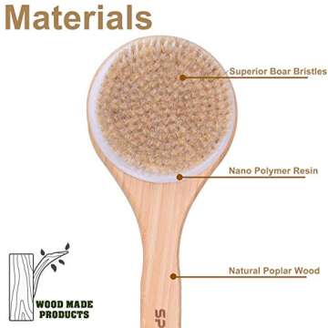 Sportout 2 Packs Bath Body Brush for Dry or Wet Brushing, Long Handles for Exfoliating Bath&SPA Scrubber, Natural Bristle Cellulite Massager, for Shower, Exfoliates, Treatment&Improves Lymphatic Func