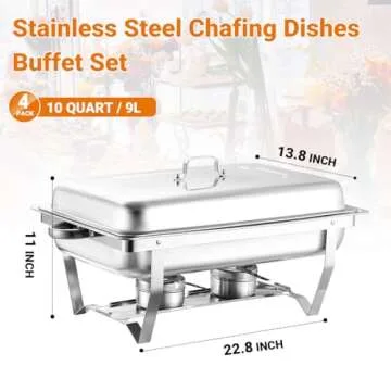 Chafing Dish Buffet Set 4 Pack,Stainless Steel Rectangular Buffet Servers and Warmers,Chafers for Catering,Foldable Frame Legs,10 QT Food Warmer for Parties, Buffets, Banquet, Catering Events