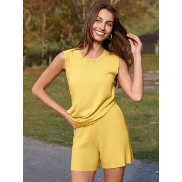 Glamaker Women's Two Piece Sets Summer Sweater Ribbed Knit Short Matching Set Beach Vacation Outfits (Yellow M)