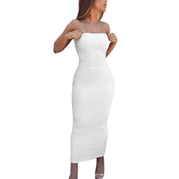 BORIFLORS Women's Basic Sleeveless Tube Top Sexy Strapless Bodycon Midi Club Dress - White