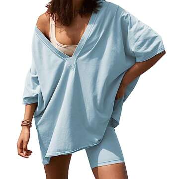 Athlisan Womens 2 Piece Shorts Set for Women Oversized V Neck T Shirt Biker Shorts Workout Hot Shot Reversible Set(DustyBlue-S)