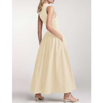 Lauweion Women's Sleeveless Turtleneck Maxi Dress Patchwork Casual Solid Flowy Mock Neck Tank Top Dress with Pockets Apricot