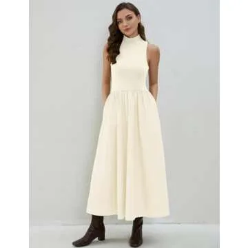 Lauweion Women's Sleeveless Turtleneck Maxi Dress Patchwork Casual Solid Flowy Mock Neck Tank Top Dress with Pockets Apricot