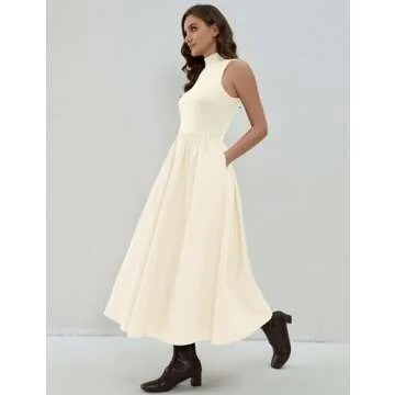 Lauweion Women's Sleeveless Turtleneck Maxi Dress Patchwork Casual Solid Flowy Mock Neck Tank Top Dress with Pockets Apricot