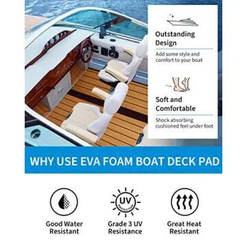 OCEANBROAD Self-Adhesive 96''x16.8''x2 Rolls EVA Foam Boat Flooring with 3M Adhesive Backing Faux Teak Marine Boat Decking Sheet for Jon Motor Boats Yacht Floor, Brown with Black Seam Lines