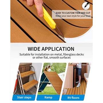 OCEANBROAD Self-Adhesive 96''x16.8''x2 Rolls EVA Foam Boat Flooring with 3M Adhesive Backing Faux Teak Marine Boat Decking Sheet for Jon Motor Boats Yacht Floor, Brown with Black Seam Lines