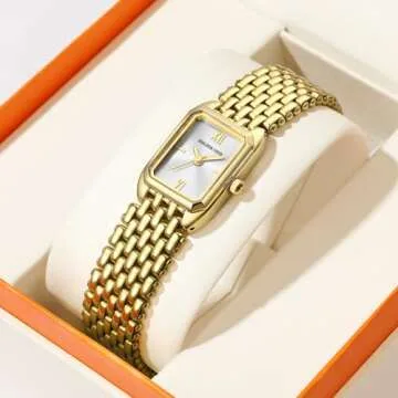 GOLDEN HOUR Vintage Rectangle Bracelet Watch for Women, Gold Tone, Dainty Style in White Face
