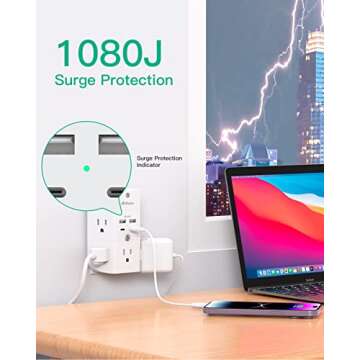 Surge Protector Outlet Extender - with Night Light, 5-Outlet Splitter and 4 USB Ports (2 USB C Charger), Multi Plug Outlet for Home, Dorm Room Essentials